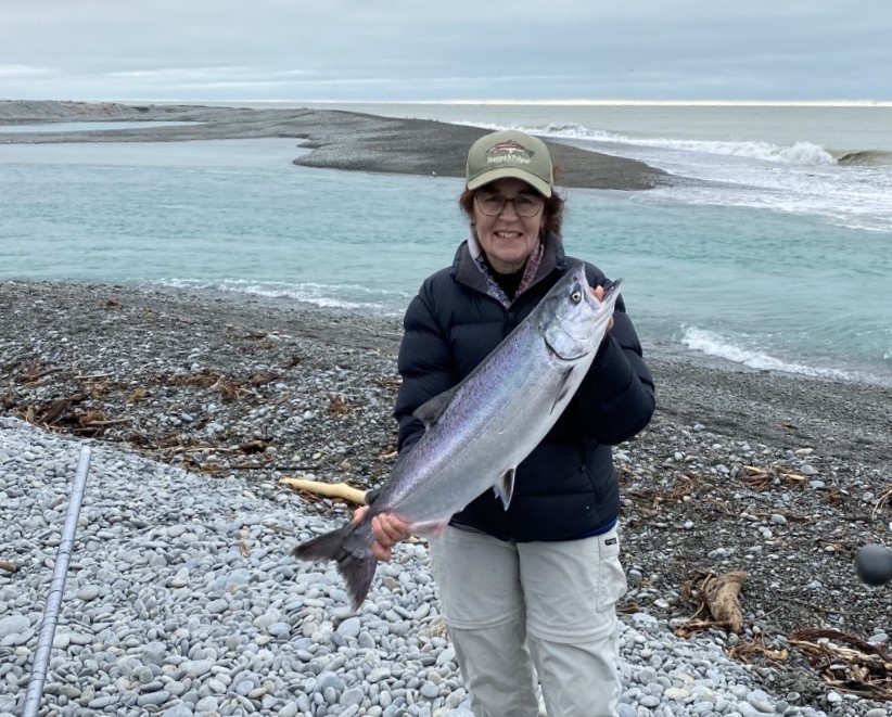 WFR 2122.19 Kathy Vinten caught the first sea run salmon of the season at the Rangitata River mouth
