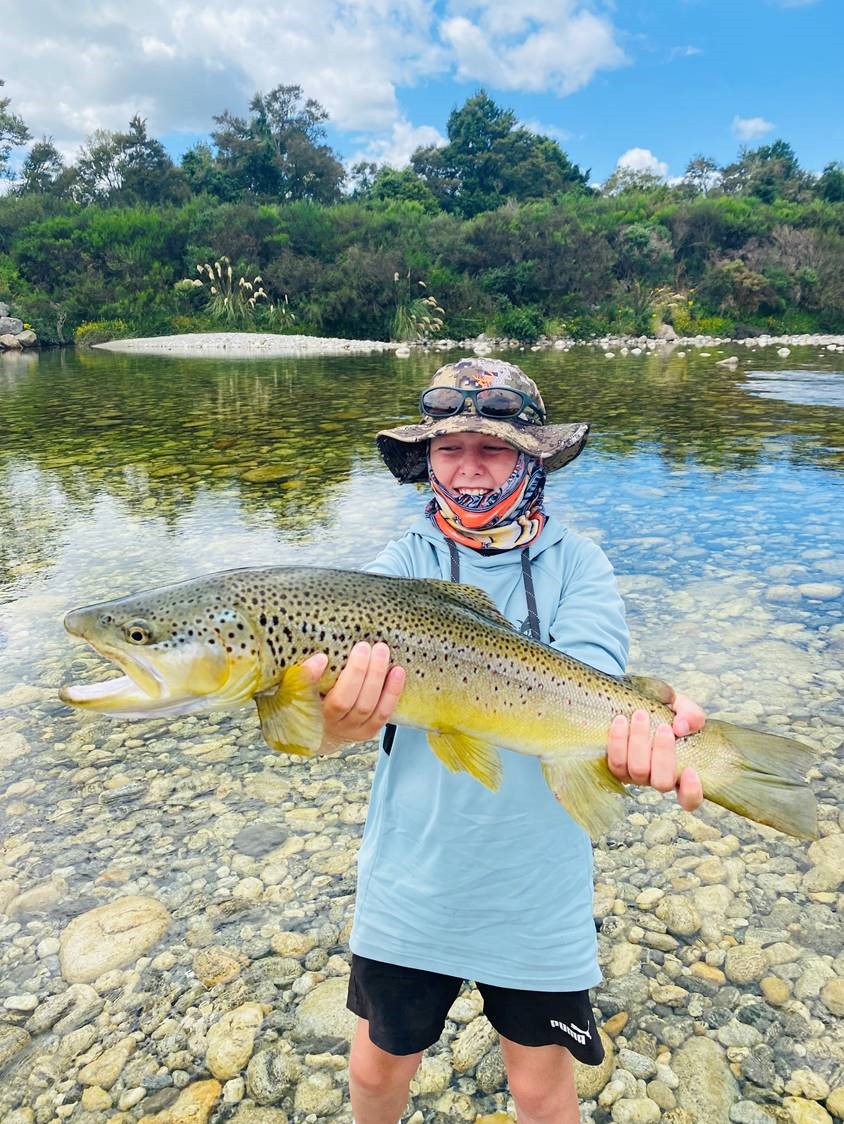 Harry Wilson 12year old with a 7.5 pound trout in Ikamatua area. photo Hamish Wilson