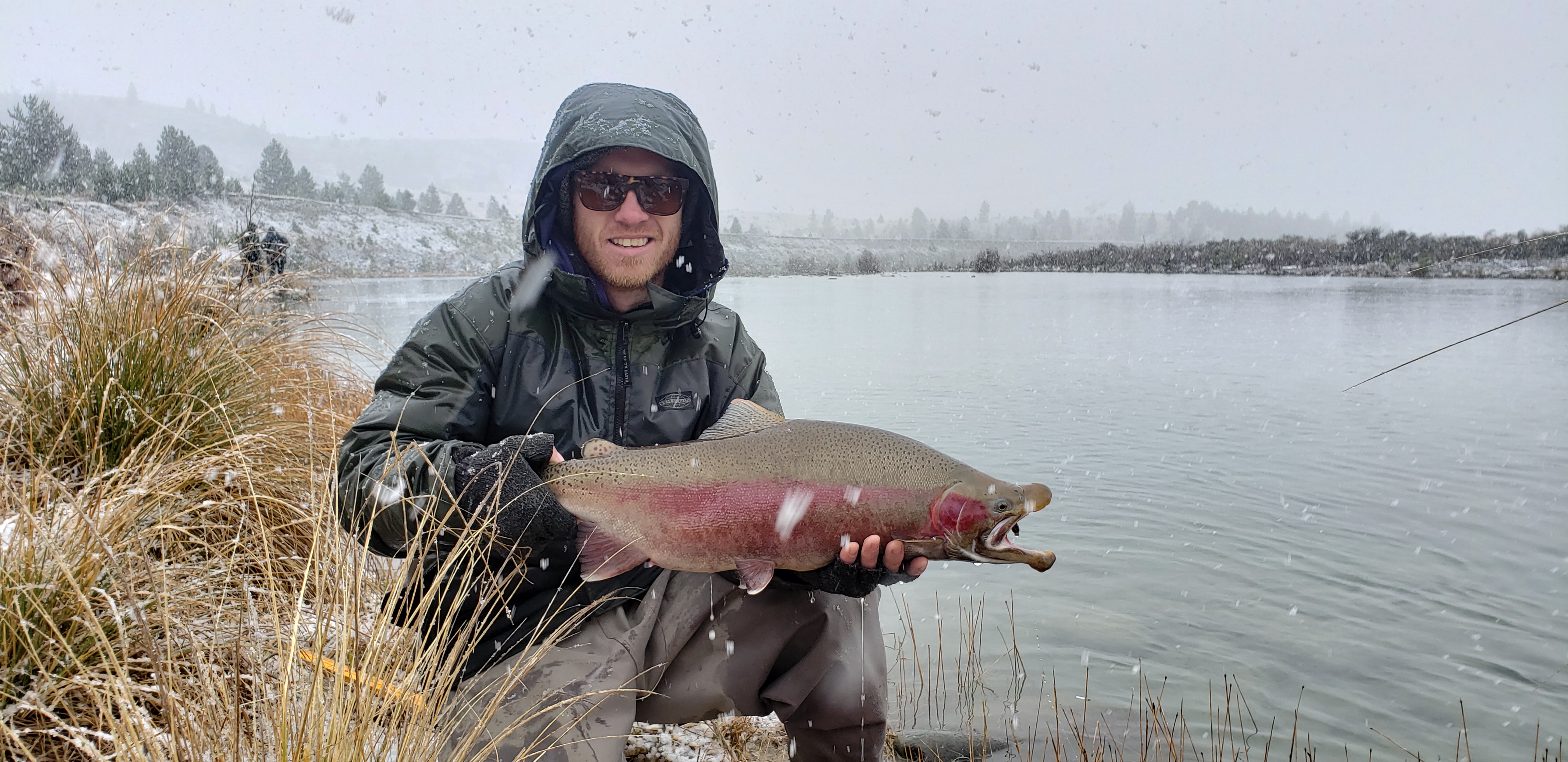 RL CSI 2 Ben Reeves fishing in the snow on the opening day of the 2020 Uper Ohau Spring Season Credit R Adams