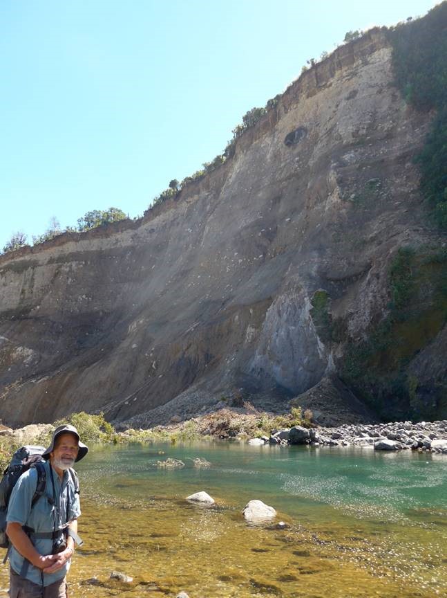 TRL3March19. Mike Spencer beside the Stony river Pouakai slip in March 2014. Photo Lynn Spencer.