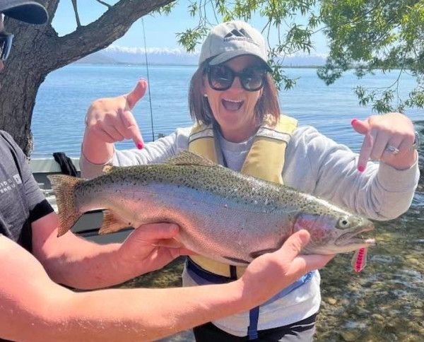 A catch to remember - Steph Townsend points to her cracking 3.01kg Lake Benmore rainbow trout