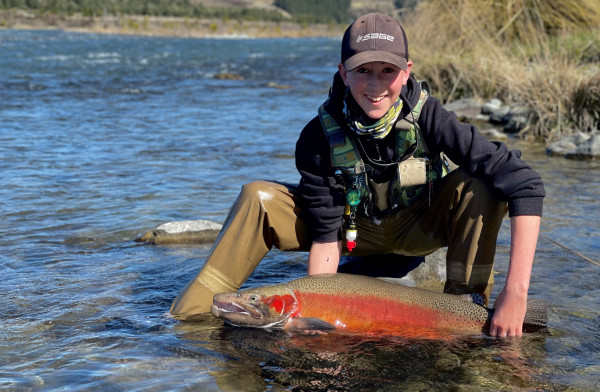 Jake Scranney with his Controlled Period prize from the Ohau River - photo by David Scranney 