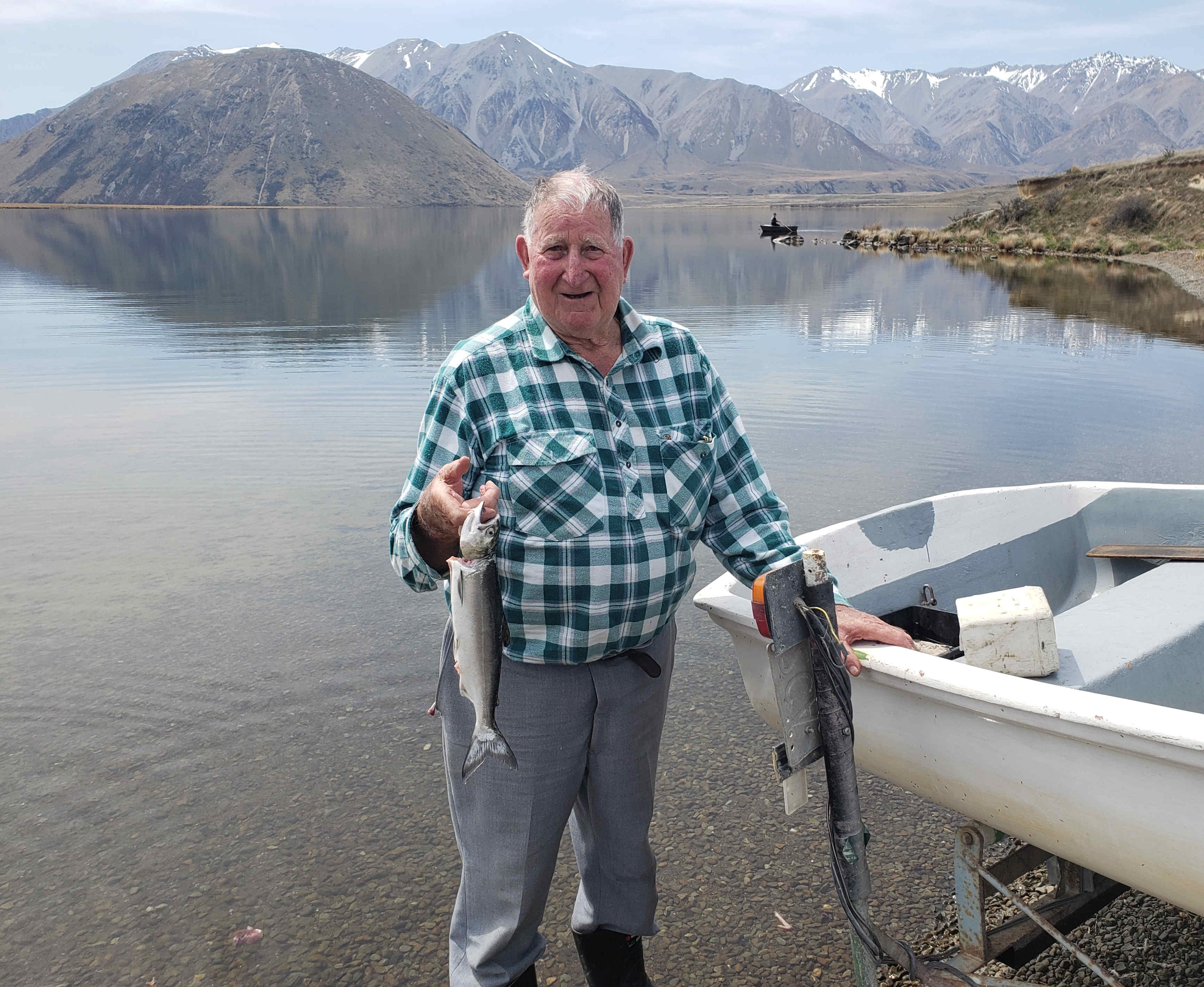 WFR1920.19 Jim Aldridge with one of four keeper lake salmon landed on Opening Day at Lake Heron Credit R Adams