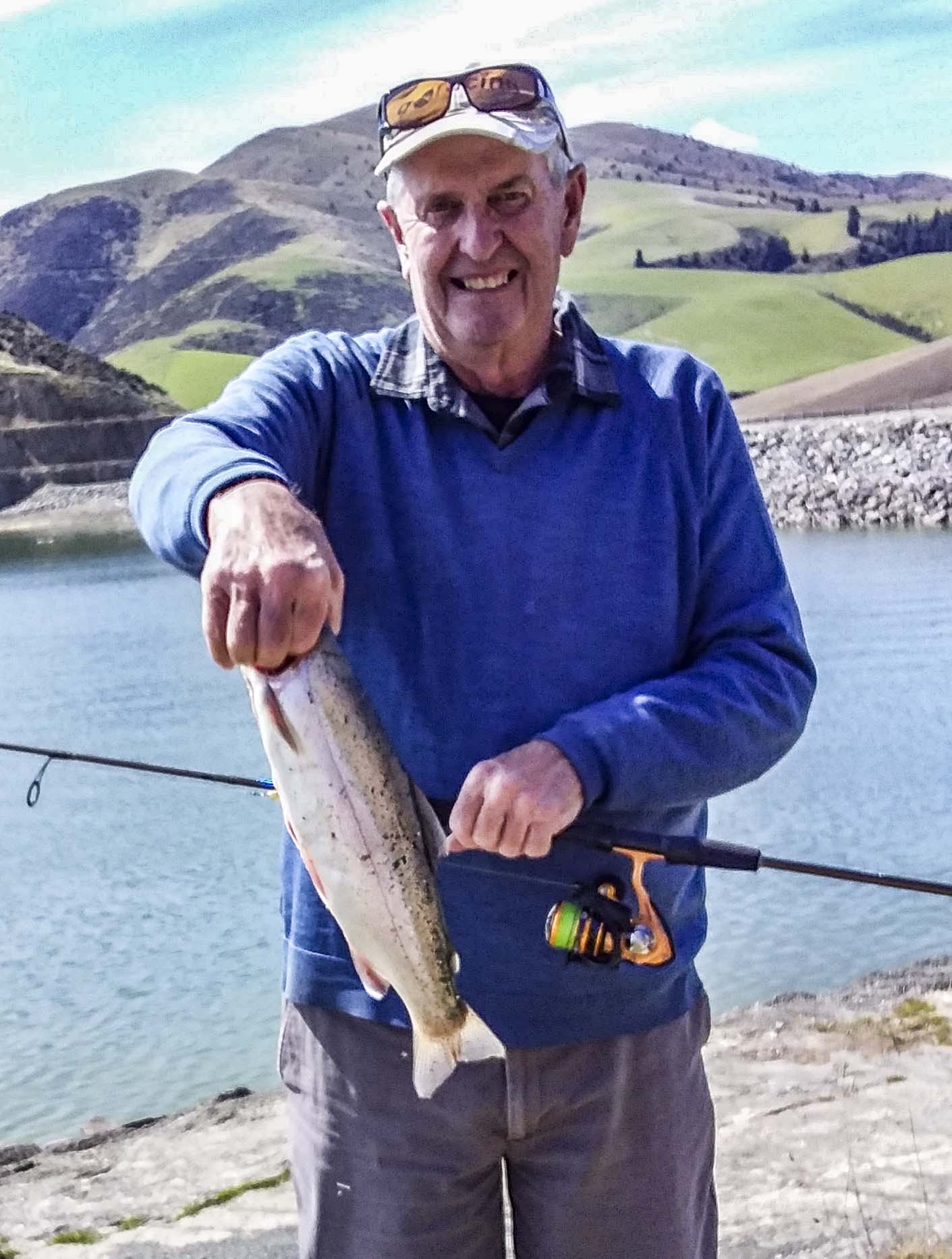Warren Garricks first trout in 43 years Opening Day at Lake Opuha credit to Allan Gillespie 1