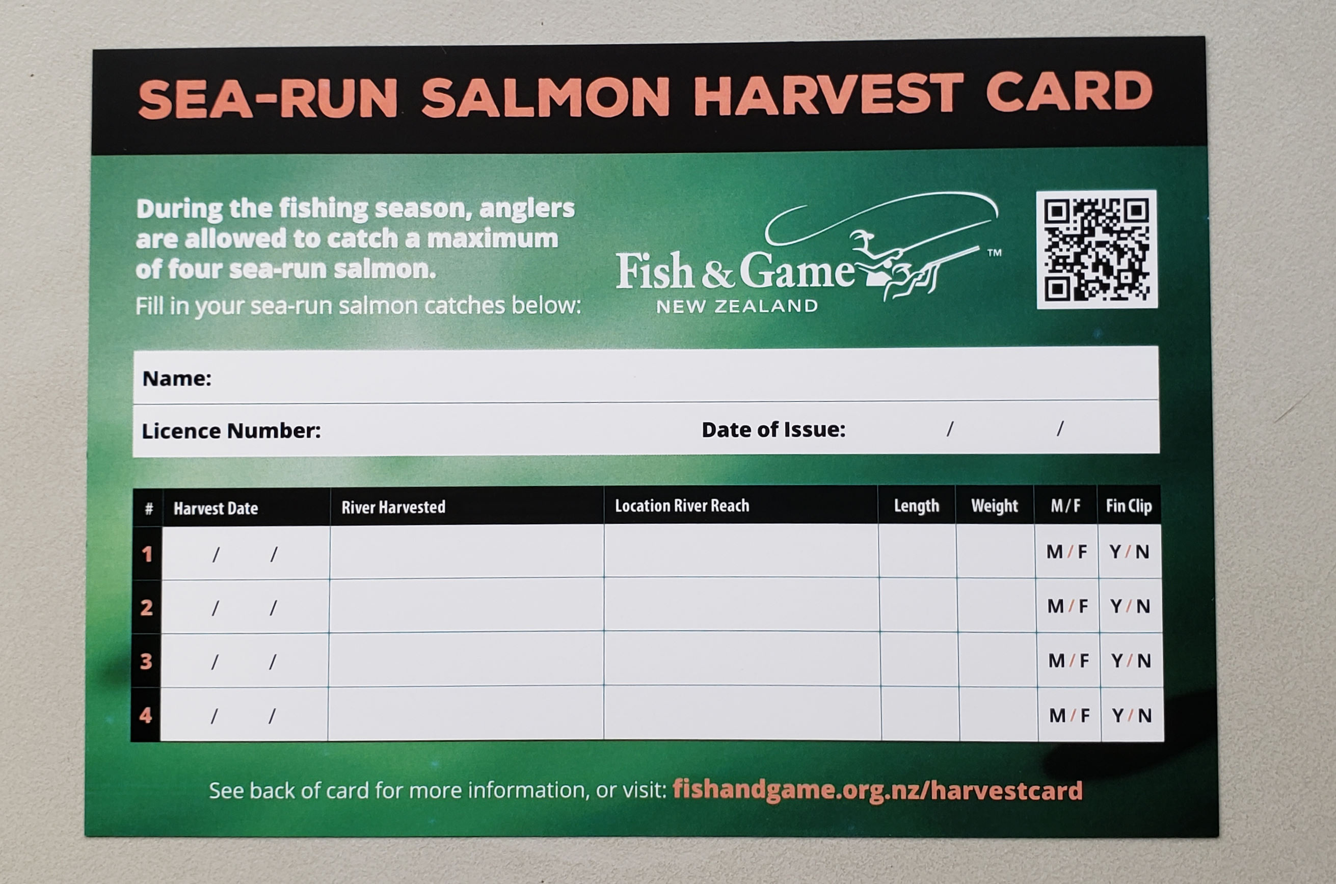 WFR2021.40 sea run salmon season bag harvest cards are being trialled in the Central South Island Fish Game Region in 2021