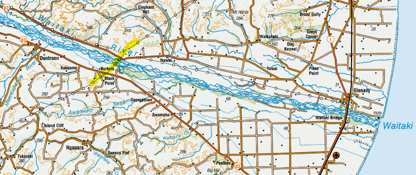 WFR2122.60. The yellow highlight marks the powerlines at Stonewall Bortons Pond salmon fishing is closed above these powelines in April 